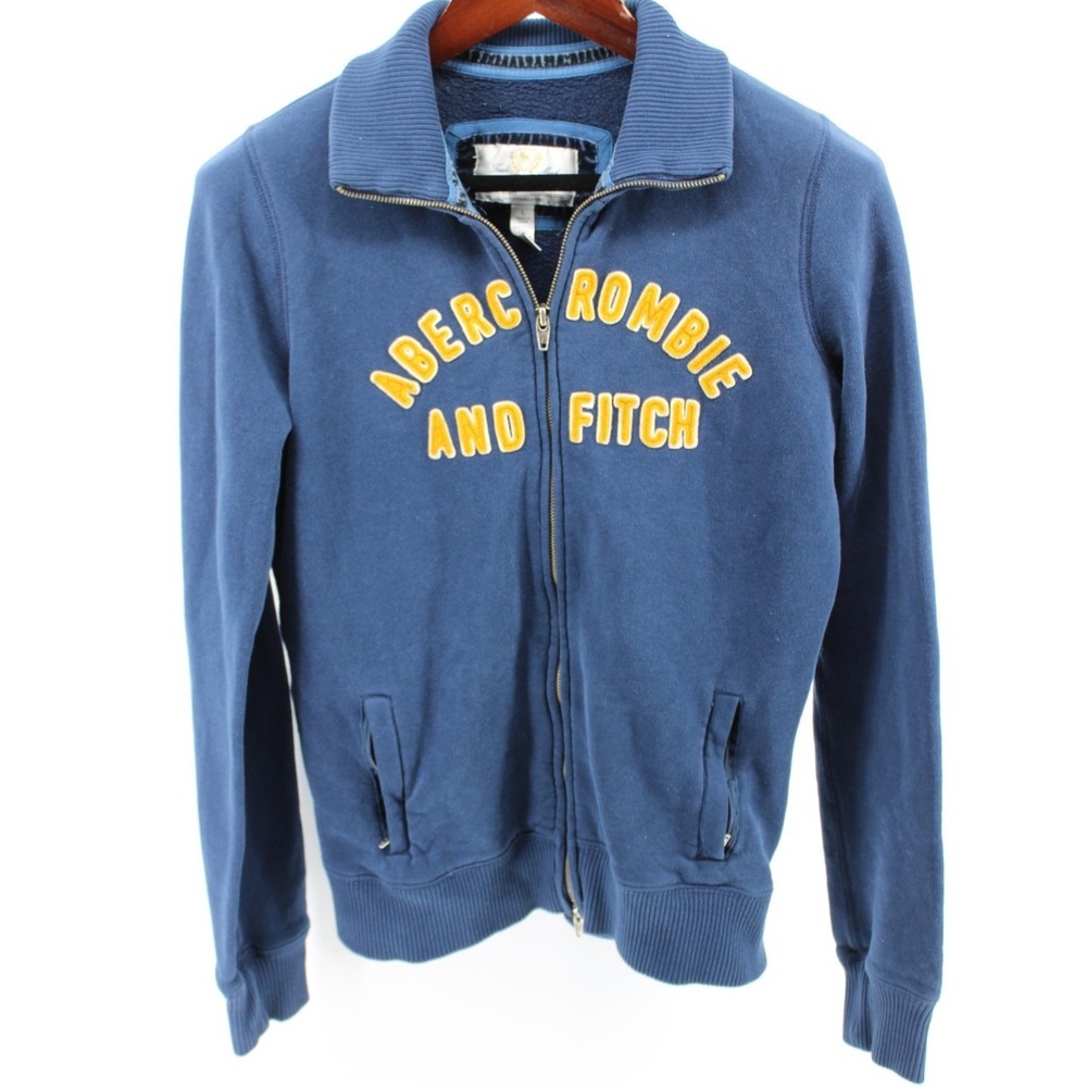 Abercrombie & Fitch Sweatshirt Womens L Blue Yellow Embroidered Full Zip Sweater